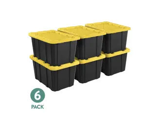 Sterilite Large Storage Bin, 27 Gallon Durable Plastic Storage Tote with Snap-On Lid, Black and Yellow, 6 Pack