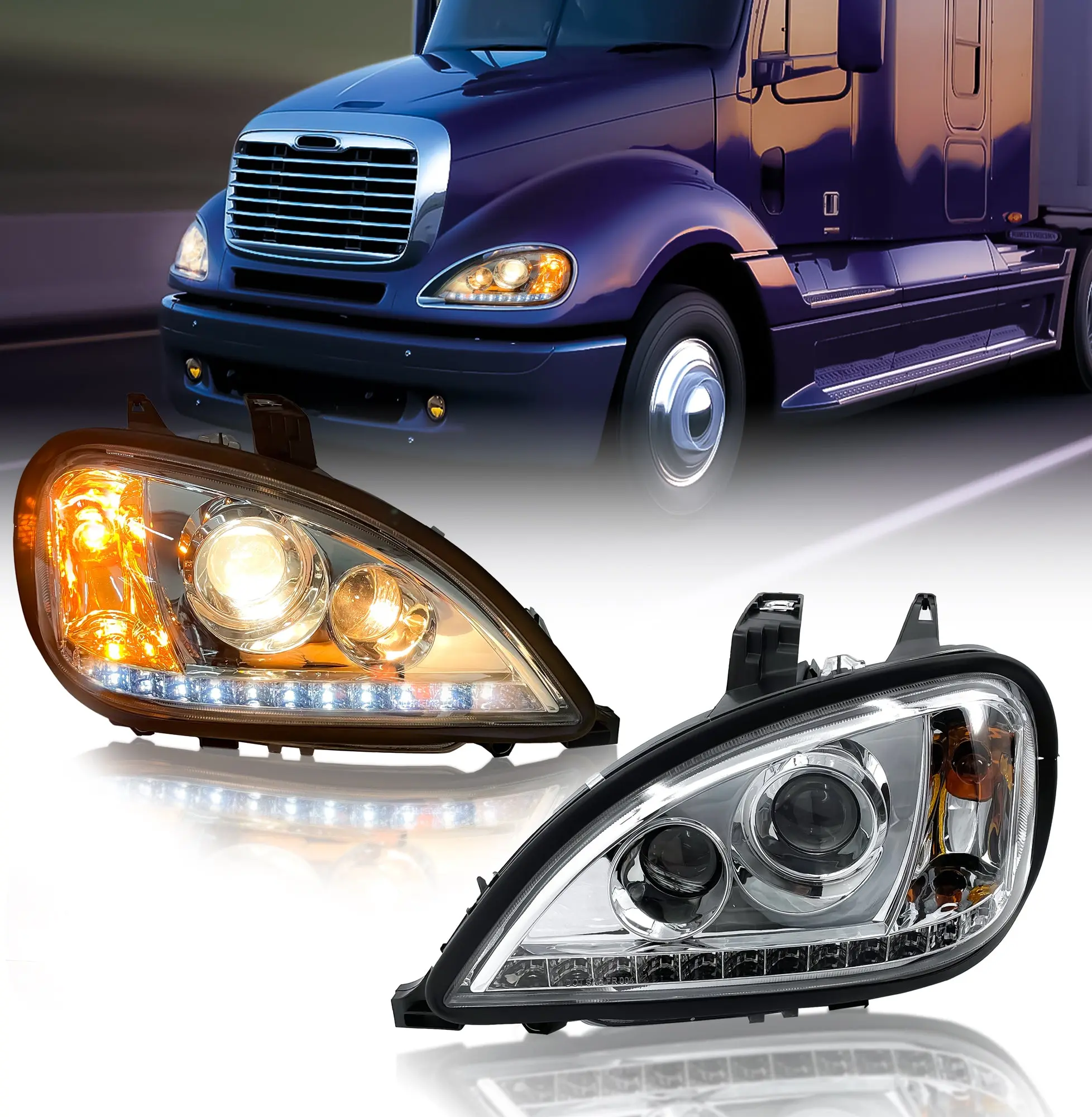Torque LED Strip Headlights Pair - Waterproof Car LED Lights Replacement for 1996-2017 Freightliner Columbia Semi Trucks, Crystal Projector Lens, DOT SAE Approved, Driver & Passenger Side, All Bulbs Included (TR027-L, TR027-R)