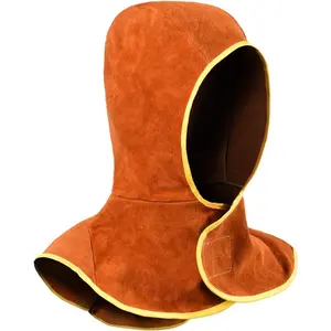Welding Hood Leather Cowhide Split Leather Welding Caps Protector with Neck Shoulder Drape Full Head Cover Protection for Men & Women Brown