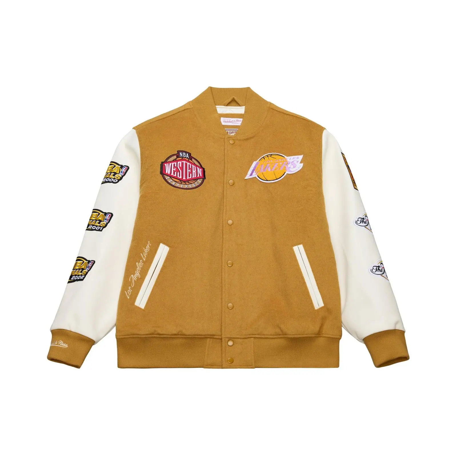 Los Angeles Lakers Brown/Cream Dusted Varsity Full-Snap Jacket NBA Throwback Outerwear Vintage Fan Gear Mitchell & Ness