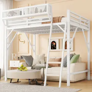 Queen Size Loft Bed with Ladder, Heavy-Duty Metal Queen Loft Bed with Storage Shelves, High Loft Bed , Noise Free