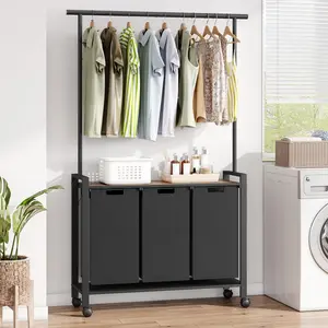 GARVEE Efficient Laundry Solution: GARVEE 3-Section Laundry Sorter with Hanging Rack and Rolling Hamper, Featuring Removable Basket for Easy Organization in Laundry Room, Rustic Brown Design