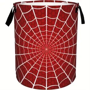 Red Spider Web Laundry Basket, Spider Web Halloween Foldable Laundry Basket for Bedroom, Bathroom Large Storage Bag, University Dormitory Living Room Organizer Toy Box 16" X 20", Laundry Basket