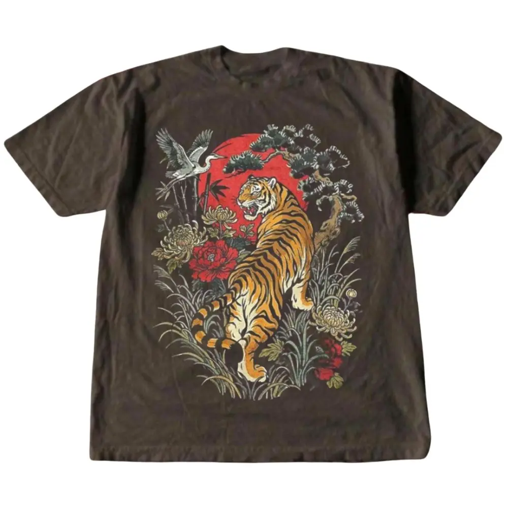 Vintage Japanese Tiger Graphic T-Shirt, Crane and Floral Wildlife Tee, Red Sun Asian Art Shirt, Crew Neck Shirt, Trending Shirt