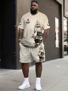 Men's Plus Size Casual Sports Set, Breathable Outdoor Leisure Wear, Short Sleeve T-Shirt and Half Pants, Summer 3D Print