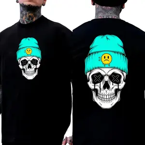 Menswear Short-Sleeve Loose Mint Green T-Shirt, Double-Sided Skull Print, Designer Original Pattern, Unisex Round Neck, Cotton Soft Stylish Outfit, Street Style Vibe, Casual Y2K Streetwear Top tiktokshopspringglowup,summervibes outdoorfun