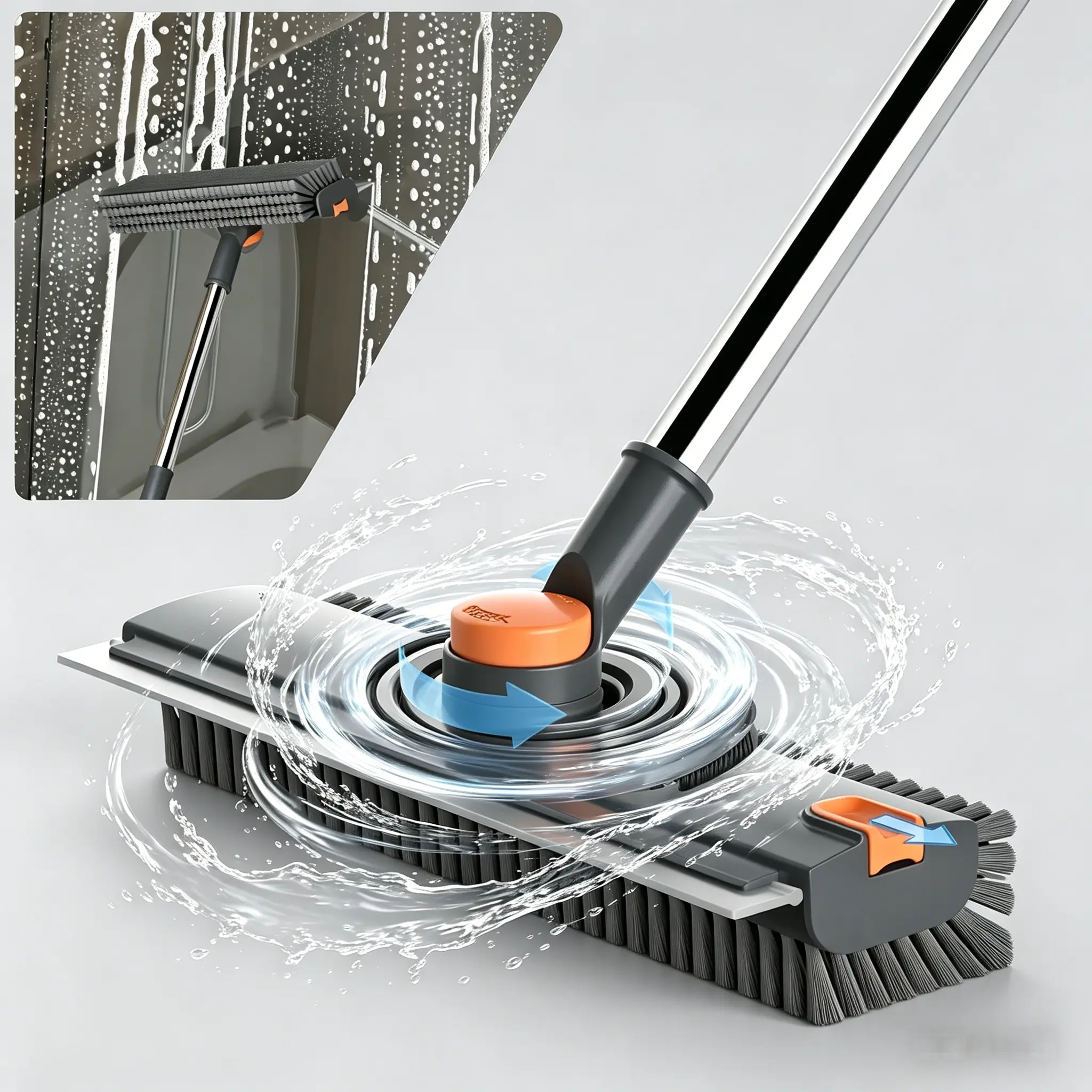 Rotating Floor Scrub Brush with Long Handle, 3-in-1 Bathroom Shower Cleaning Brush with Silicone Squeegee Blade, Adjustable Pole Tile Grout Cleaner for Home Kitchen Bathroom