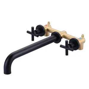 WOWOW Wall Mount Tub Filler Matte Black, Bathtub Faucet Long Spout Reach, 2 Cross Handles Wall Mounted Tub Faucet with Brass Rough in Valve Included
