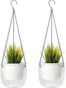 Self Watering Hanging Planters, 2 Packs 6.5 Inch Hanging Baskets with 3 Hooks Drainage Holes for All House Plants, Hanging Flower Pot for Garden Home White
