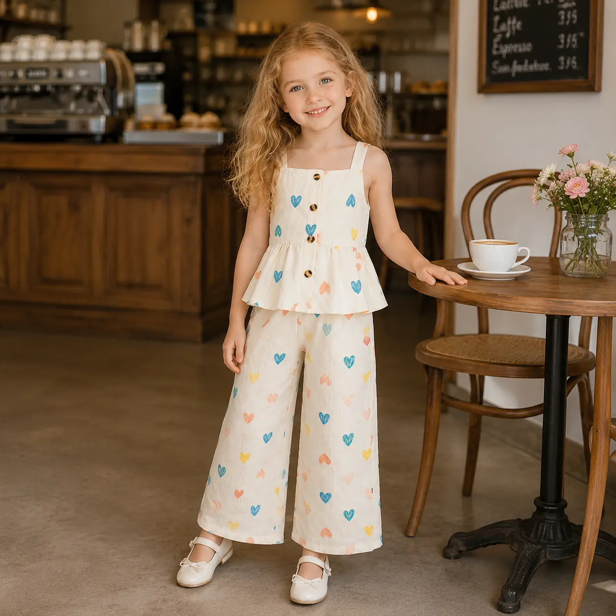 Toddler Girls 2 Piece Heart Print Outfit Sleeveless Button Tank Top and Wide Leg Pants Set Summer Clothes 4-7Y