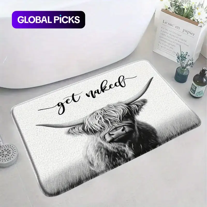"Get Naked" Highland Cow Flannel Bath Mat, Bath Mats for Bathroom, Humorous Black-and-White Design with Majestic Highland Cow, Playful Non-Slip Indoor Mat for Powder Rooms and Farmhouse Decor, Bathroom Drying Doormat, Bathroom Decorative Mat #GLOBAL PICKS