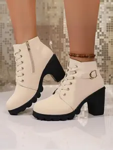 Women's Round Toe High Heel Thick Sole Shoes, Side Zipper with Metal Buckle Design, Fashion Short Boots for Outdoor and Commuting, Casual Boots, Casual Ankle Boots