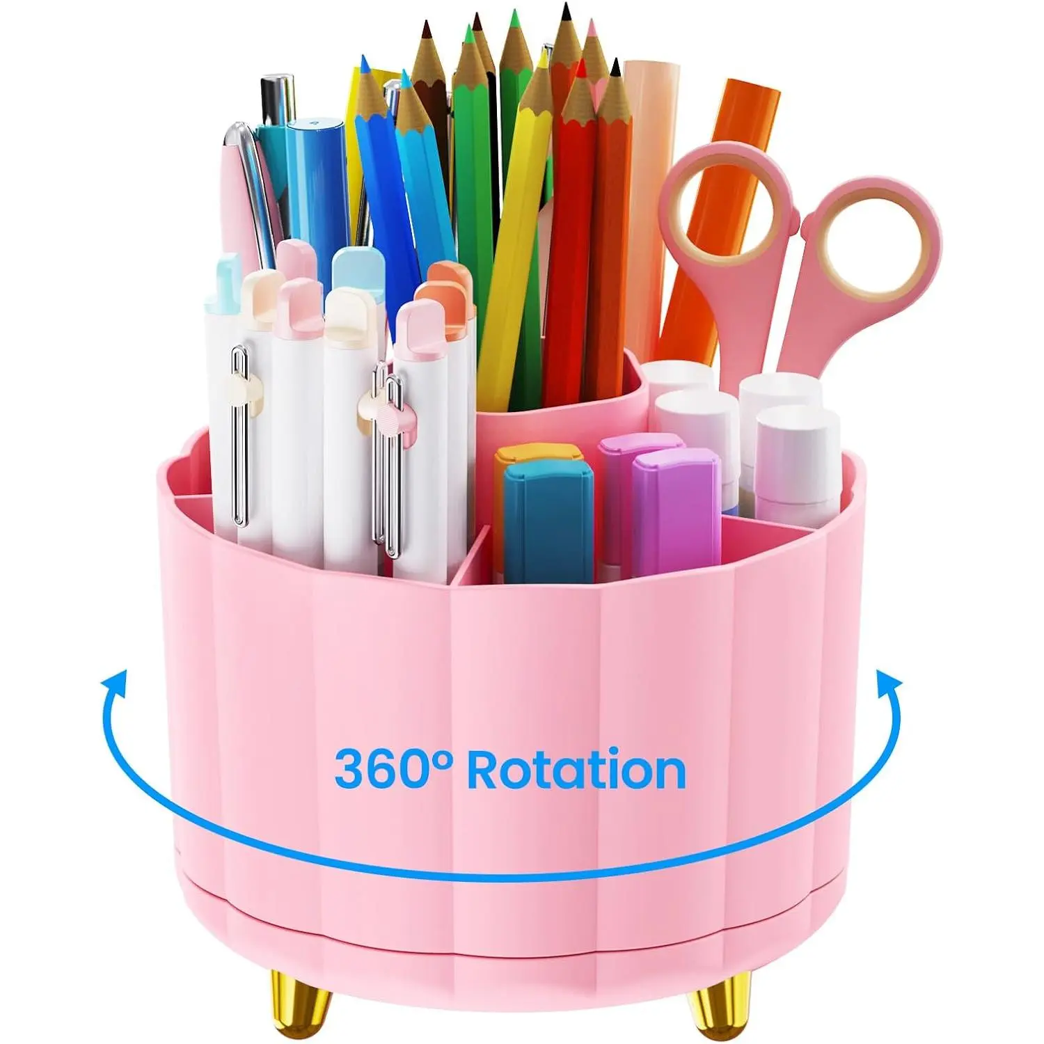 360 Rotating Desk Organizer for Women, 6 Compartment Pen Holder, Cute Pencil Cup & Marker Organizer, Office Desk Accessories, Aesthetic Desk Decor, Workspace Organizers ()