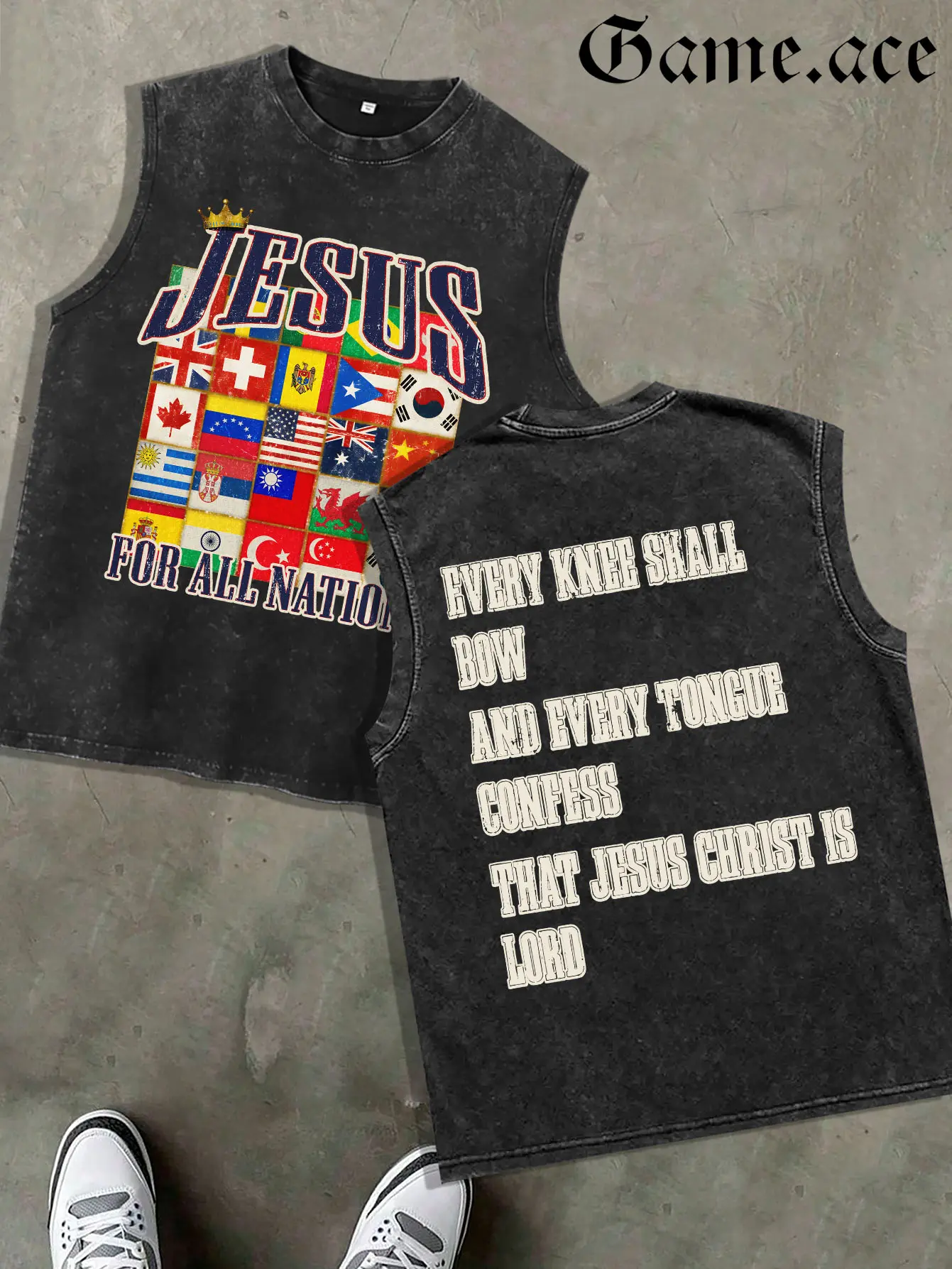 1 PCS GAME.ACE Washed Black Sleeveless Tank Top, "Jesus For All Nations" World Flags Graphic Print, Casual Inspirational Streetwear, 100% Cotton Breathable Unisex Vest, Ideal for Daily Wear, Casual Outings, Great Gift for Positive Message Lovers