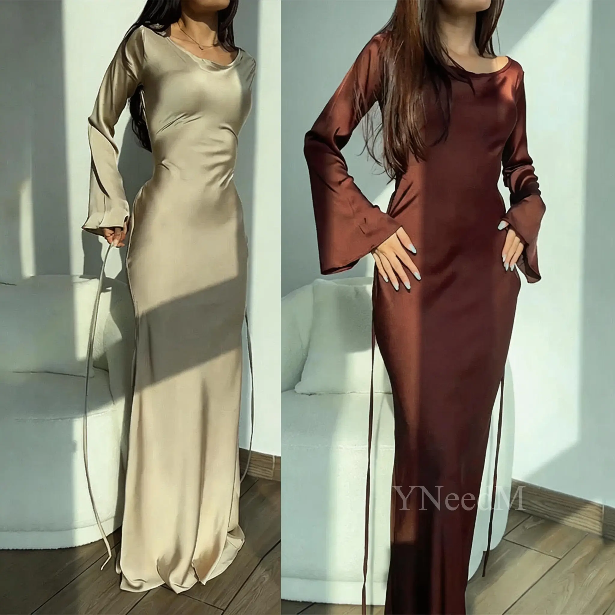 Women's Plain Long-Sleeve Midi White Dress - Polyester Round Neck Gown with Waist Ruching, Shirred Flattering Fit, 1 Size Casual Dress for Women, White Dresses Women, Casual Wear