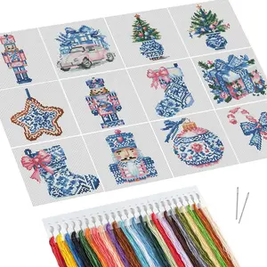 Tree Pattern Geometric Embroidery Design DIY Cross Stitch Kit without Frame, 12pcs/set DIY Cross Stitch Printed Canvas, Handmade Gift for Beginners, Embroidery Craft