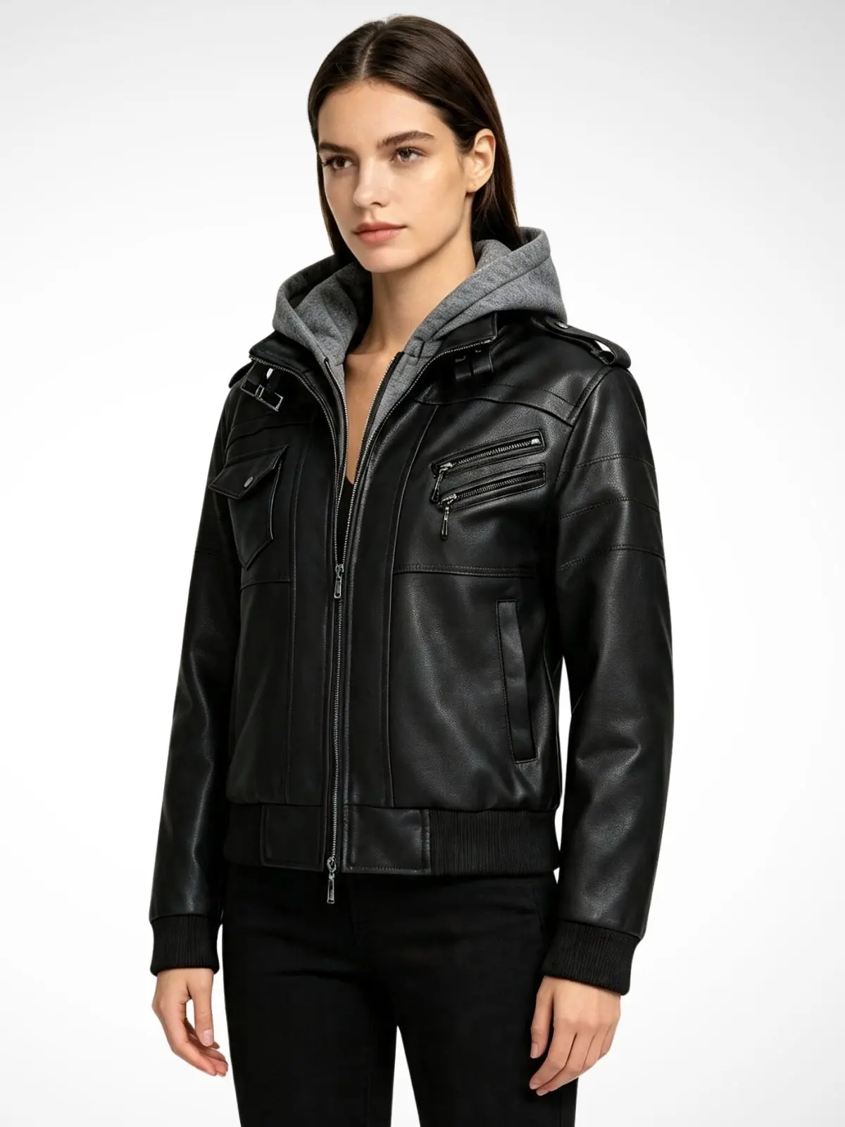 Women’s hooded leather jacket with multiple zippered pockets, motorcycle outerwear Casual Coats