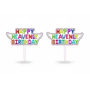 Happy Heavenly Birthday Cake Topper with Angel Wings – Graveside & Memorial Tribute 2-Pack