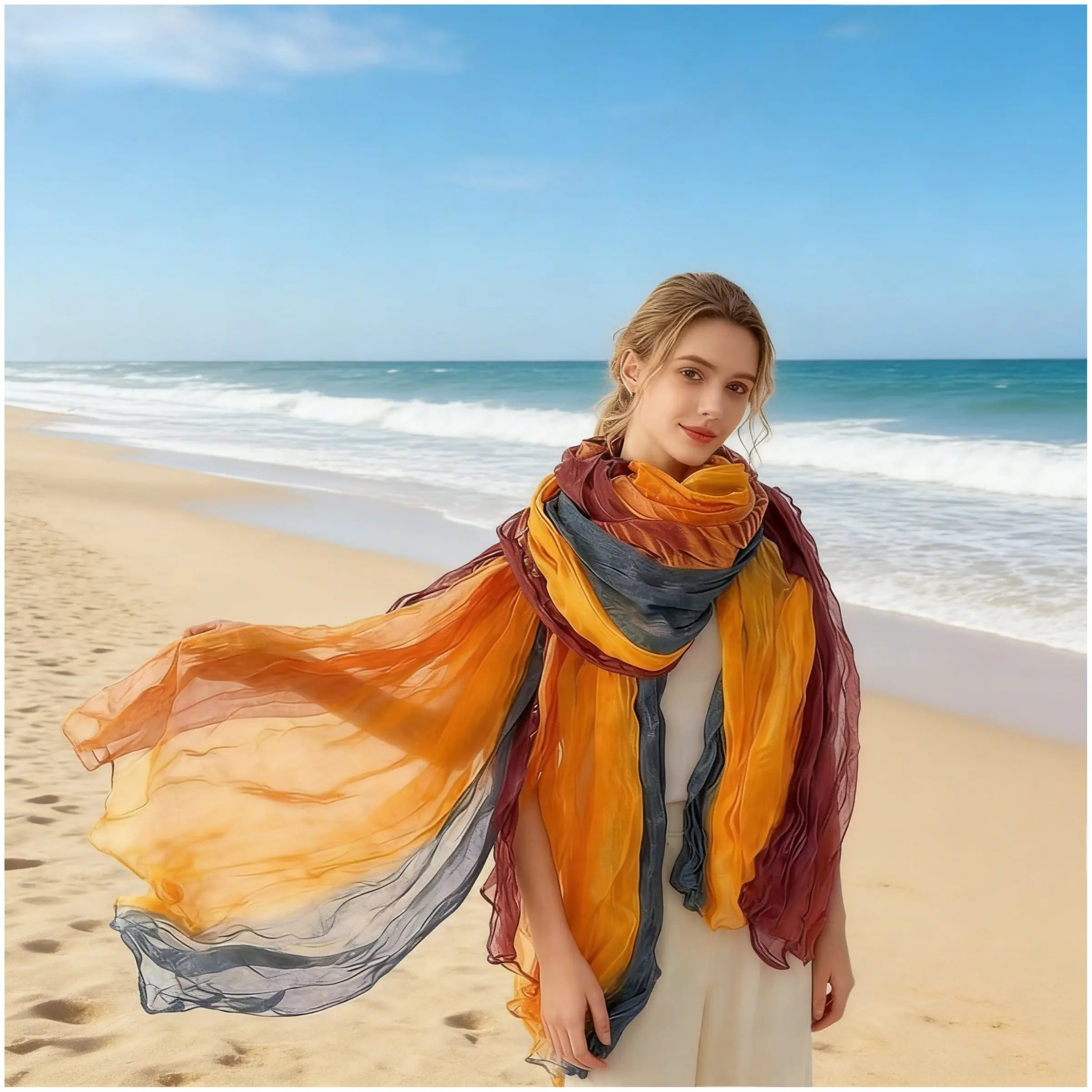 Women's Bohemian Gradient Blue Scarf, Lightweight Breathable Pleated Shawl, Soft Viscose Blend, Versatile Accessory