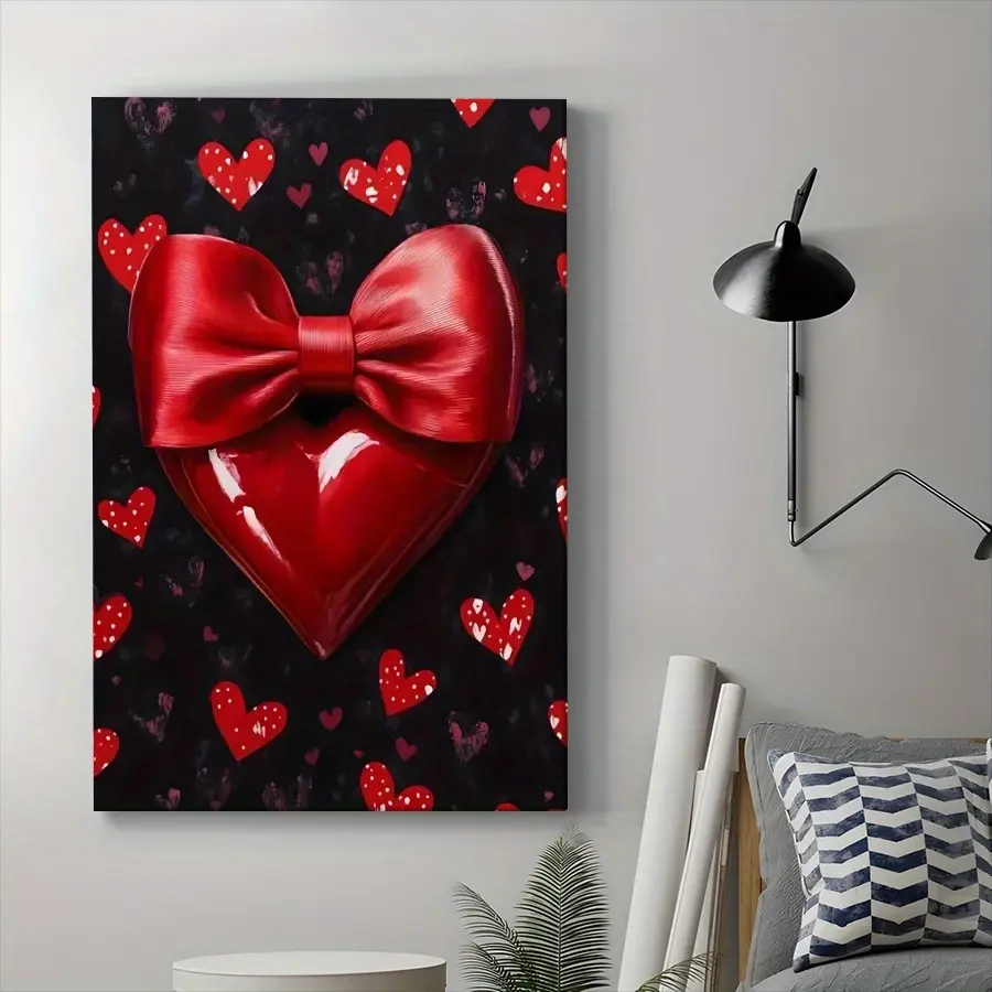 Hangable 1-Piece Rectangular Framed Valentine's Day Heart Canvas Art - Red Bow, Love Theme, Black Background, High-Quality Canvas, Easy to Hang, Living Room Decor, Modern Indoor Home Supplies, No Unnecessary Install Steps, Posters & Prints Wall Art, Indoo