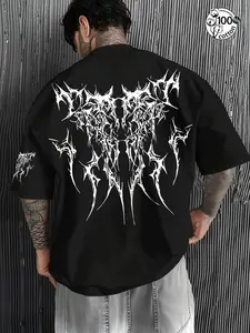 Unisex 100% Cotton Gothic Death Metal Spike Font Back & Sleeve Print Oversized T-Shirt Menswear | Y2K Dark Aesthetic High Street American Streetwear Top