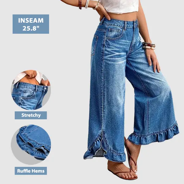 Flamingals Wash Ruffle Hem Split Mid Waist Wide Leg Jeans Womenswear Stretchy 26" Inseam Flamingals Wash Ruffle Hem Split Mid Waist Wide Leg Jeans Womenswear Stretchy 26" Inseam