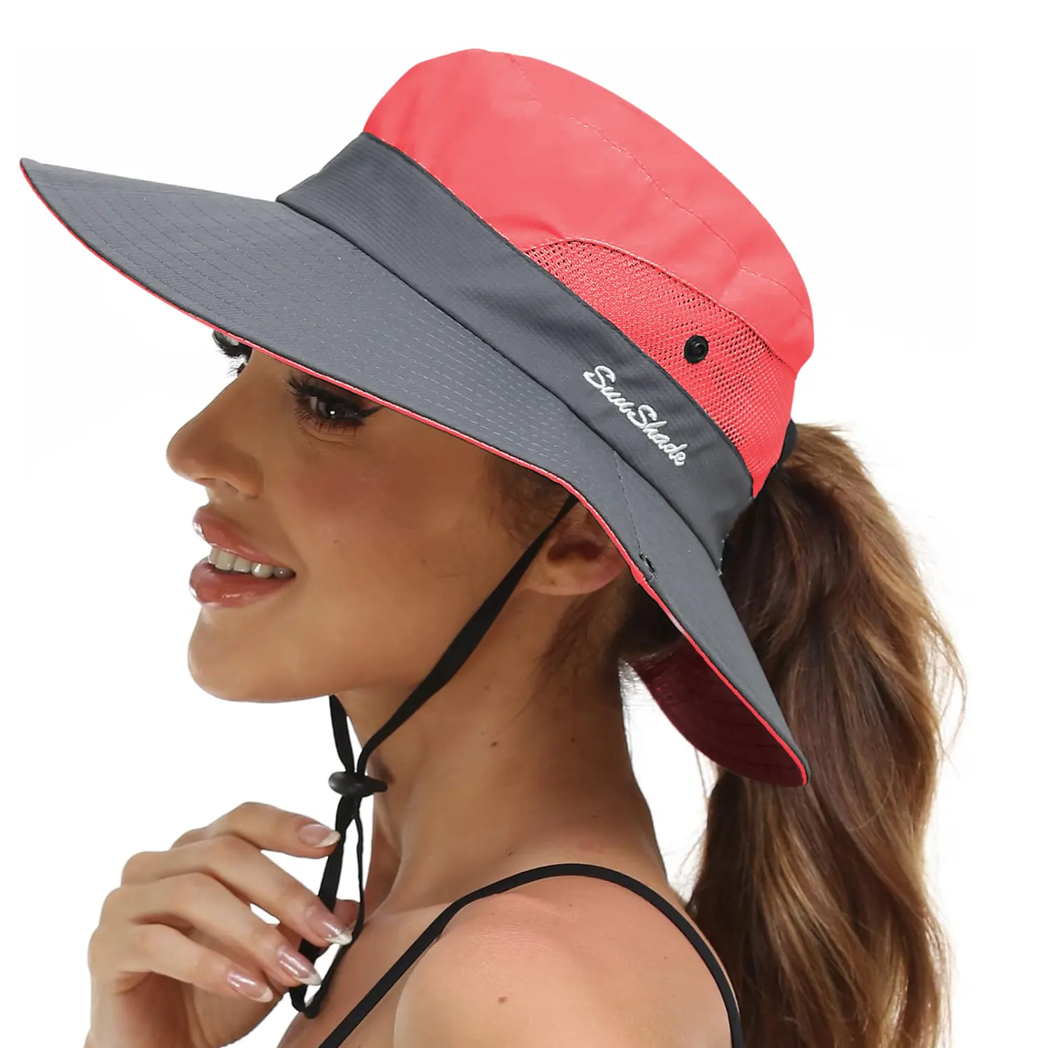 Women's UPF50+ Wide Brim Mesh Lightweight Adjustable Bucket Hat - Multifunctional Headwear with Secure Strap, Ponytail-Friendly for Hiking, Fishing, Fishing Bucket Hat, Beach Hat