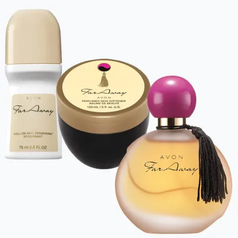 Avon Far Away Eau De Parfum Set, Perfume 1.7, Roll-on Deodorant, Skin Softener.  Set of 3