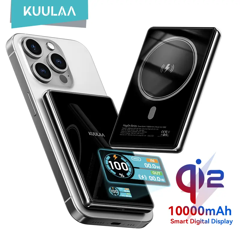 KUULAA 10000mAh Magnetic Portable Power Bank - Ultra-Slim Pocket-Sized Digital Fast-Charging, Smart TFT Screen, Premium Glass, USB-C Chargeable Mobile Accessory for iPhone (Black), Accessories