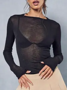 Y2K Elastic Sheer Long Sleeve Crew Neck Fitted T-Shirt, Stylish Casual Wear, Perfect for Everyday, Comfortable and Trendy