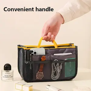 Multi-Pocket Purse Organizer Insert, Lightweight Handbag Liner With Yellow Trim And Handle, Keeps Belongings Neat, Ideal For Tote Bags, Fits Daily Essentials Like Phones, Cards, Keys And Cosmetics
