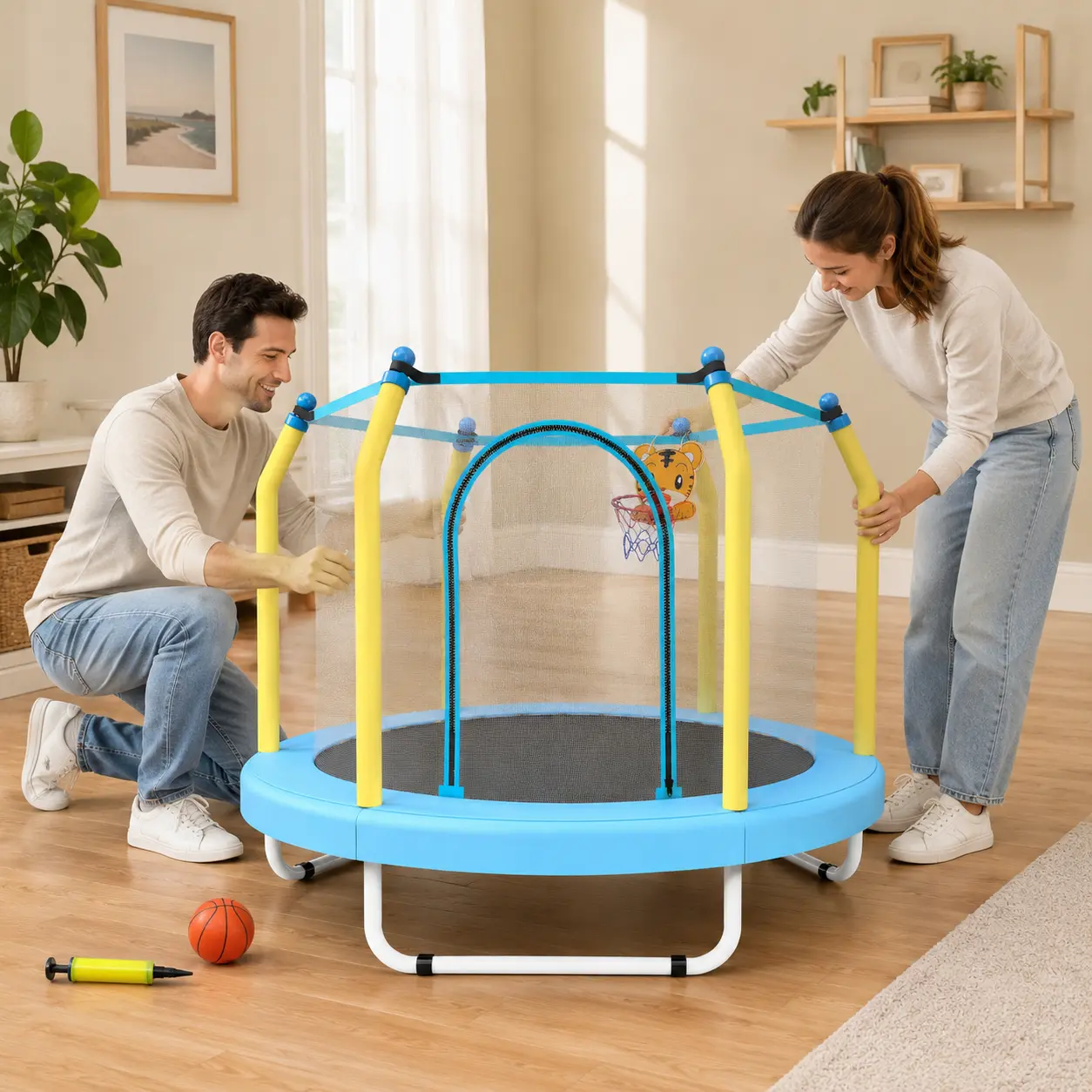 Fahuac 55-Inch Toddler Trampoline - ASTM-Certified Recreational Trampoline for Kids Outdoor Play, with Safety Enclosure, Metal Frame, 30 Springs, 110 lbs Capacity, Foam-Wrapped Poles, Transparent Mesh for Indoor Use