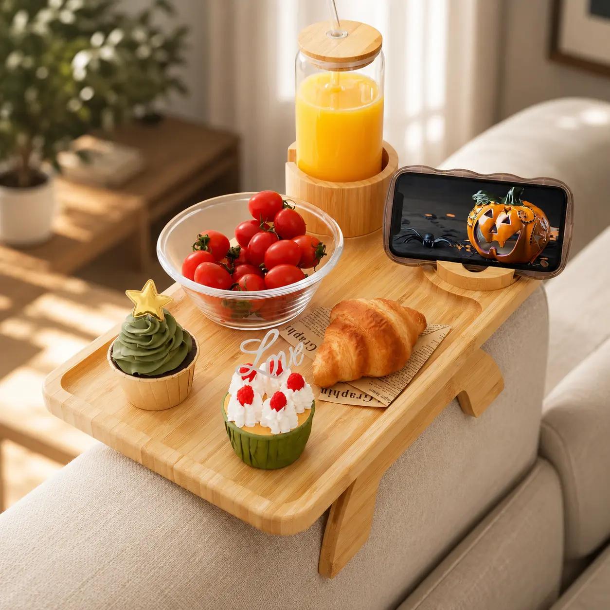Clip-On Rectangular TV Tray Table - 3-in-1 Natural Grain Acacia Wood Sofa Armrest Table, Spring-Loaded Clip, 360° Phone Mount, Cup Holder, Stable Space-Saving Surface, Assembly Required (Includes Screws) for Watch Parties