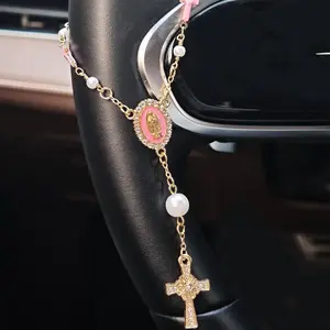 1pc Pink Pearl Cross Steering Wheel Rosary Ornament, Prayer Bracelet, Rosary Car Pendant Accessory, Car Decor, Gift Idea, Car Accessories Cute, Car Hanging Decoration, Girly Car Accessories, Car Interior Decoration