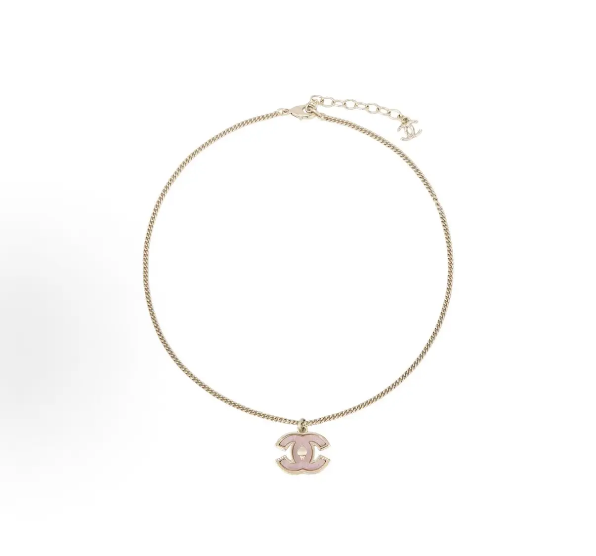 Pre-owned Brand New,Chanel Gold‑Tone Pink Enamel Interlocking CC Pendant Choker Necklace for Women