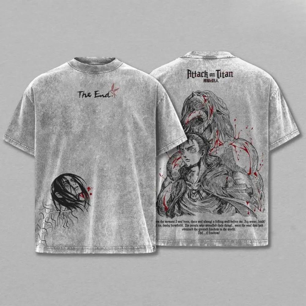Eren Yeager Attack on Titan Tee Washed – Vintage Oversized Heavy Cotton Anime Manga T-Shirt, Double Printed Retro Unisex Streetwear Graphic Top, The Rumbling Collector Edition Anime merchandise