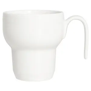 ErgoCup coffee cup in White Gloss.  Double-walled, self-insulated.  10 oz. Microwave, dishwasher safe.  ergonomic cup that reduces pressure and stress on the hands and fingers.  Great for those with hand mobility issues such as arthritis.