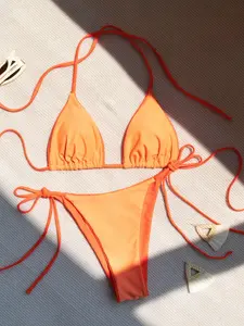 Two-Piece Set Women's Solid Tie Back Bikini Set, Halter Triangle Bra & Tie Side Thong Bikinis for Summer, Swimsuit Sets, Summer Fit Halter Neck Bikinis