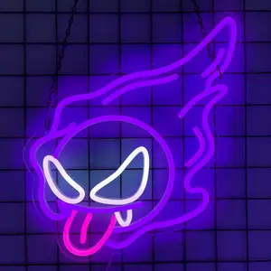LED Purple Gastly Neon Sign, Anime Neon Sign, Led Light Up, Dimmable Ghost Lights LED Wall Lights USB Powered Neon Gaming Signs for Boys Gamer Room Bedroom Party Man Cave Living Room Birthday Gift for Kids, Decor Lighting(13.2x13.2in)