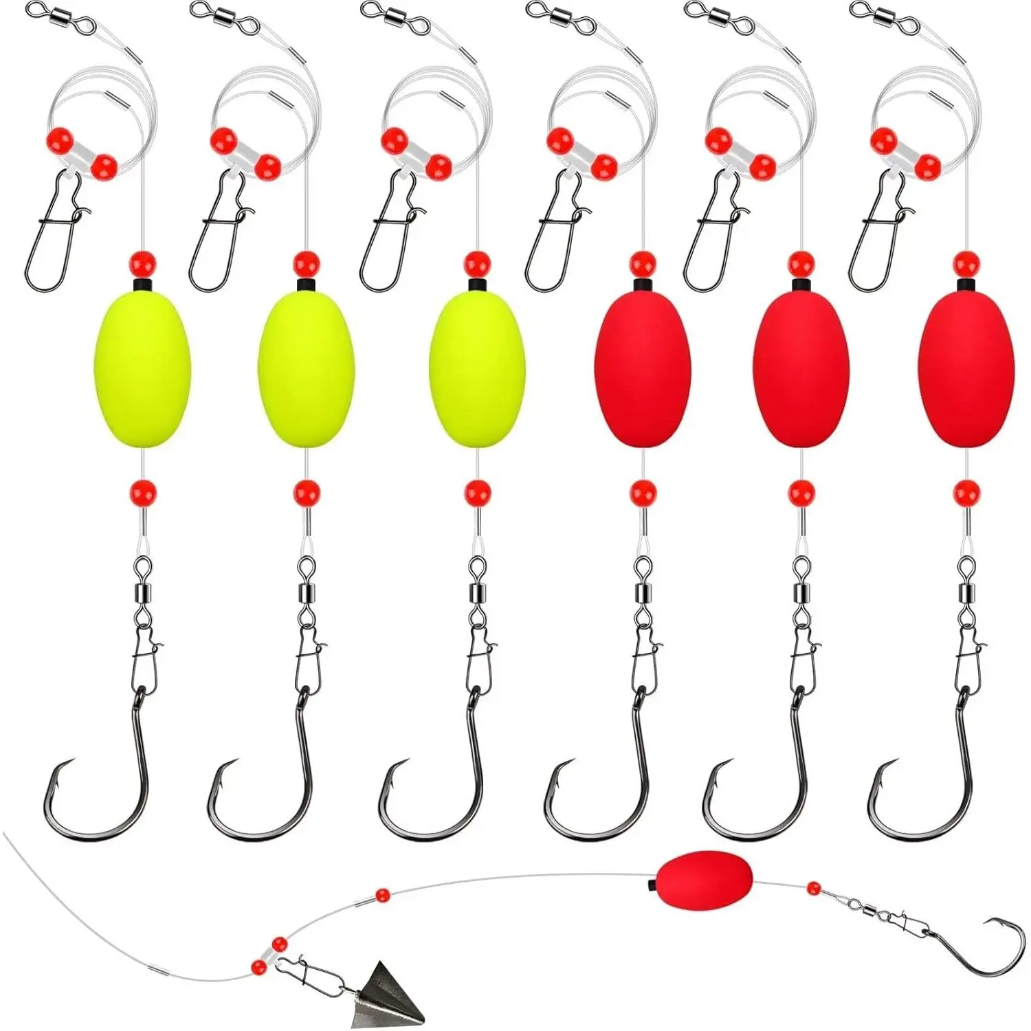 6 Pack Saltwater Fish Finder Rigs, 20.5" 90LB Heavy Duty Surf Fishing Tackle with Floats & 5/0-8/0 Treble Hooks, Wind Resistant for Sharks, Stripers, Bulls, Drums, Bluefish, 5/0-8/0 Rigs, Fishing Tackle Kit, 20.5 Inches, Float Rigged