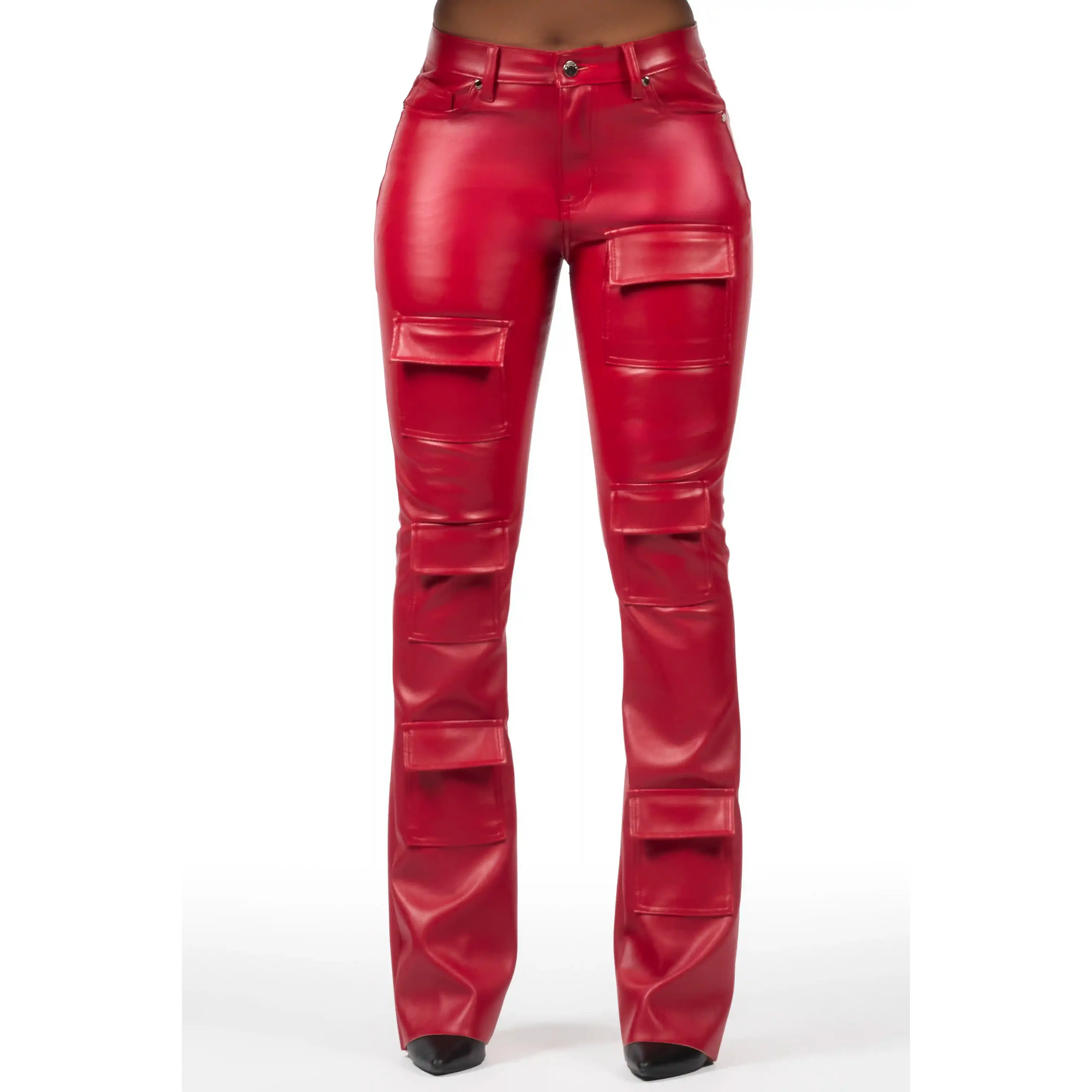 Keazhanae Red PU Cargo Stacked Flare Pant