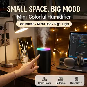 Mini Colorful Light Humidifier, 200mL Desktop Cool Mist Humidifier, Micro USB Powered Night Light, One Button Compact Mist Maker for Bedroom Bedside Office Dorm Desk Decor