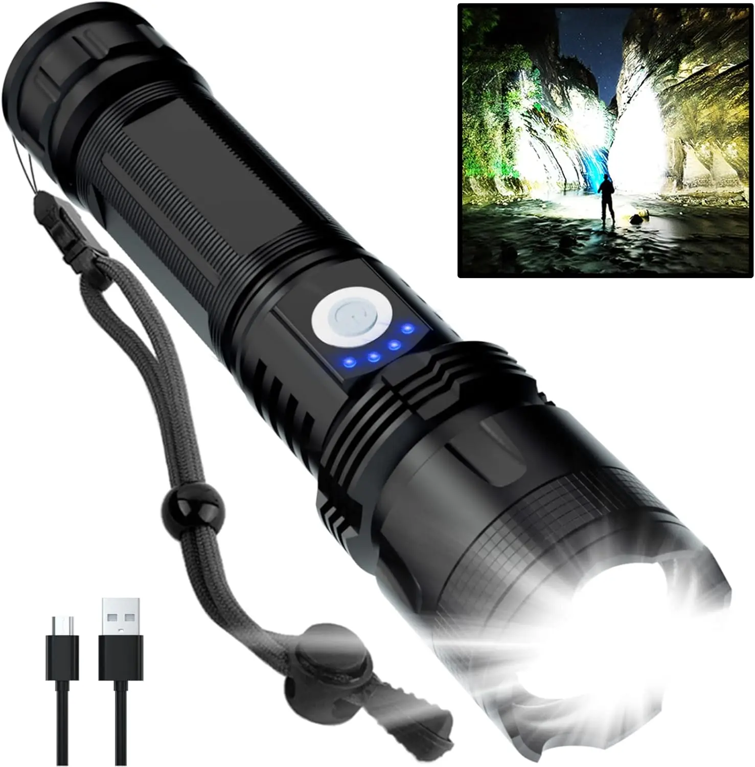 Handheld Rechargeable High-Lumen LED Flashlight for Home - 90000 Lumens, 5 Adjustable Modes, IPX5 Waterproof, High-Quality Heat Dissipation, WiFi, USB Port, Batteries, Lanyard, Lightweight LED Lights for Adults’ Camping, Outdoor Work