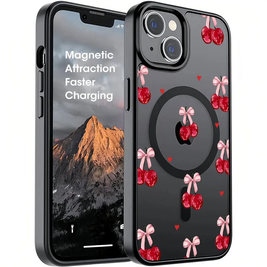 Matte Transparent Black Magnetic Case with All Over Print Pink Bow, Red Cherry & Mini Heart ,With For Iphone17 Pro Max, 16, 15, 14 ,13,12And 16Plus. It Makes A Perfect Gift For Birthdays, Holidays