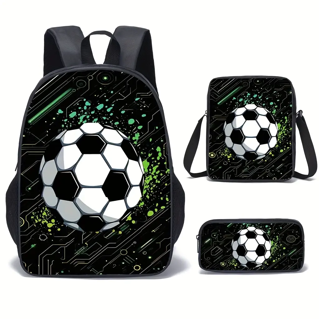 3Pcs Fire & Ice Soccer Print Backpack Set Durable 600D Oxford Cloth School Bag Insulated Lunch Box & Pencil Case Combo Adjustable Breathable Strap Large Capacity Fits 15in Laptop for Kids Teens School Travel Outdoor Use
