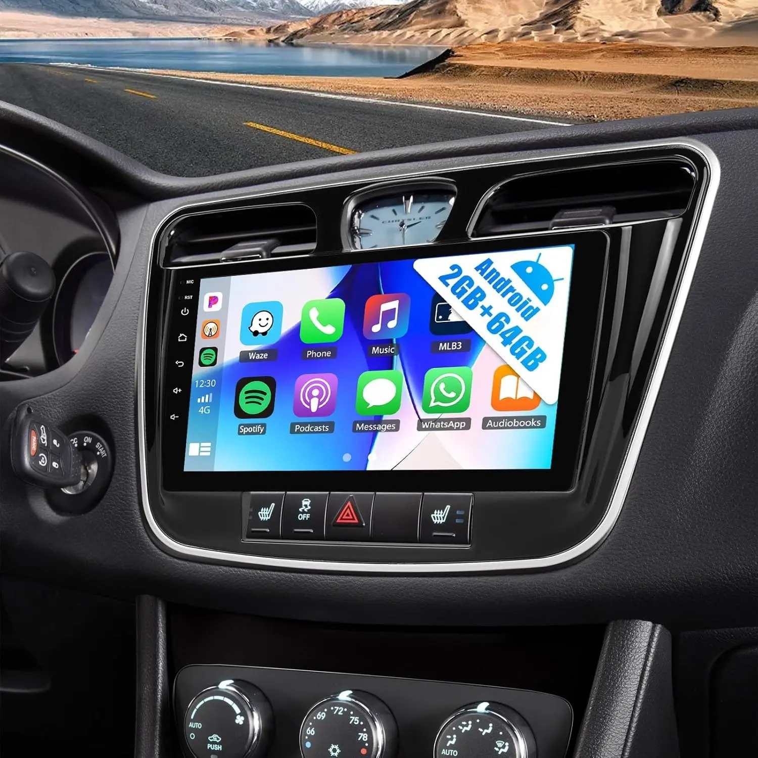 RIMOODY 4GB RAM 64GB Android 15 Car Audio Radio with 9in HD Display, Wireless CarPlay, Android Auto, GPS, WiFi, Bluetooth, FM/RDS, Mirror Link, SWC, Rear View Camera Input for Chrysler 200 (2011-2014) - Eq Audio High Definition Driving Accessory