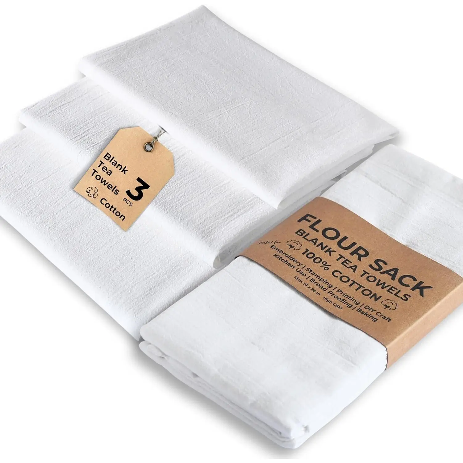 3-Pack Flour Sack Dish Towels, Rectangular Durable Modern Plain White Linen-Synthetic Cloths (18"x28") - Heavyweight High Threadcount Kitchen Baking Cleaning Cloths for Sourdough Enthusiasts, Drying, Creative Crafting