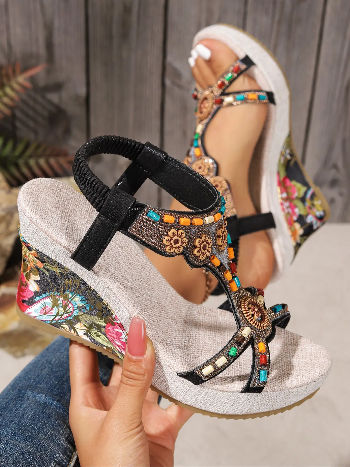Ethnic Style Thick Sole Wedge Slip-On High Heeled Embellished Heels Sandals, Summer Bohemian Rhinestone Beaded Vintage Large Size Women's Shoes