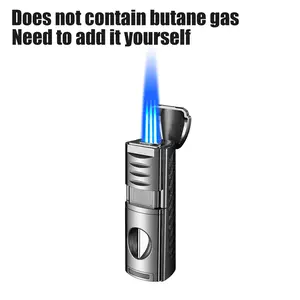 Zorara 4-in-1 Butane Torch Lighter, Refillable Jet Flame Lighter with V-Cutter, Punch and Holder, Multi-Functional Accessories Gift for Men, Dad, Husband, Friend