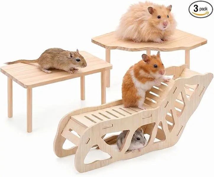 3-Piece Hamster Wood Platform Set with Tunnel Hideout, Natural Cage Accessories with Hides, Food & Water Stations, Climbing & Burrowing for Dwarf, Syrian Hamsters, Mice & Gerbils